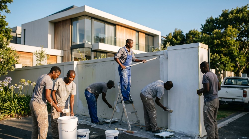 Professional team painting a boundary wall at a modern home in Langebaan
