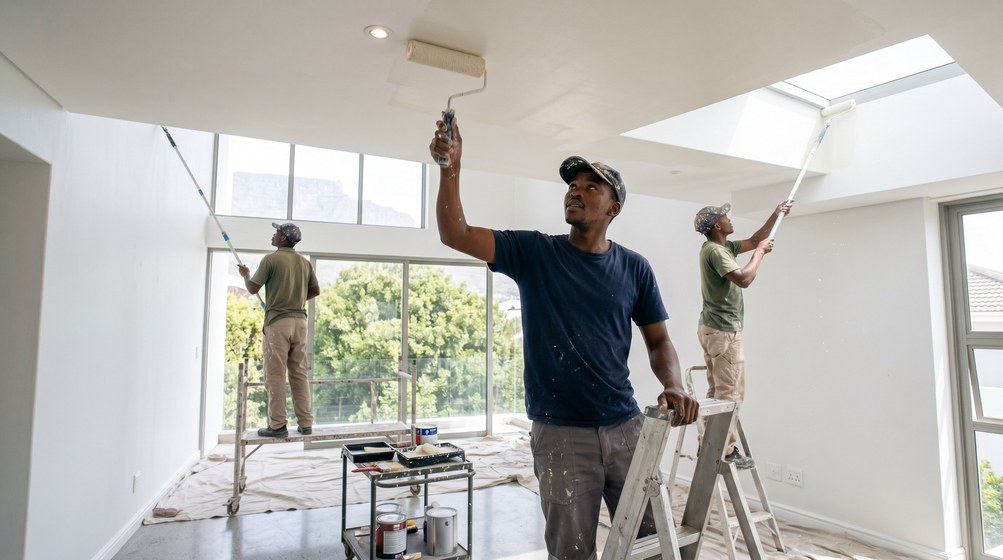 Professional ceiling painters rolling white paint onto a high ceiling in Langebaan
