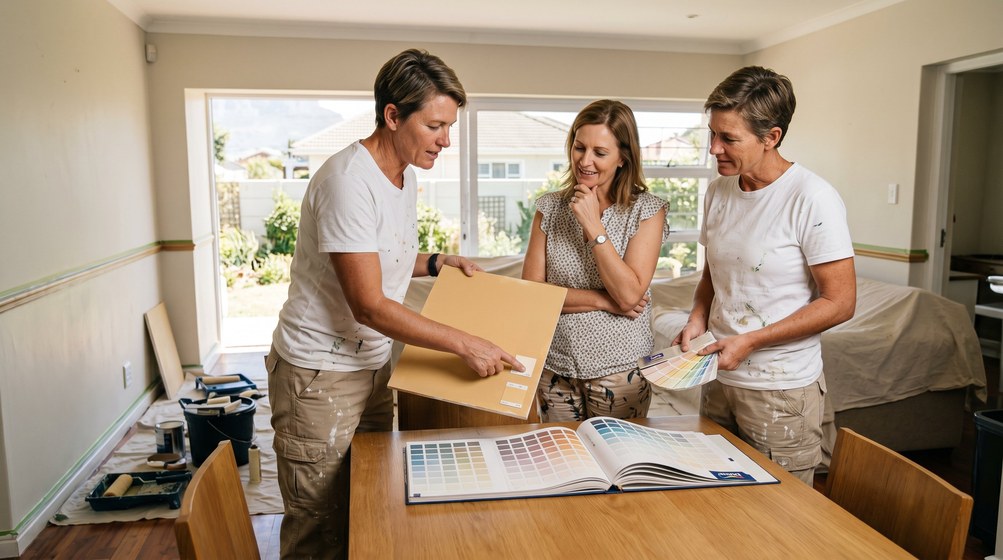 Professional colour consultant showing paint swatches to a homeowner in Langebaan