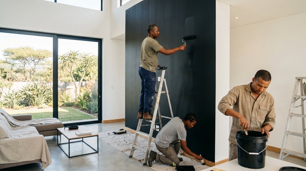 Professional painters creating a bold black feature wall in a modern Langebaan home