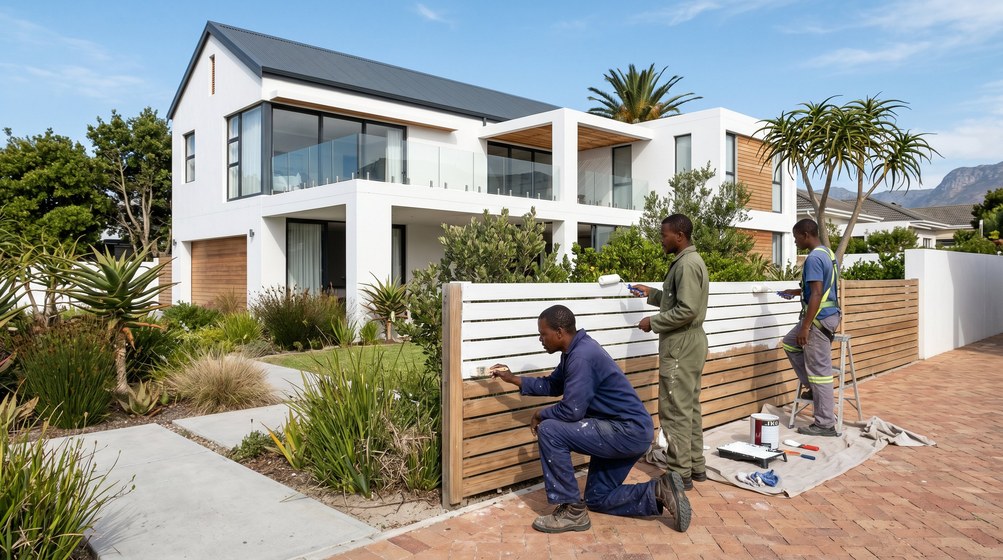 Professional fence painters painting a wooden fence at a coastal home in Langebaan