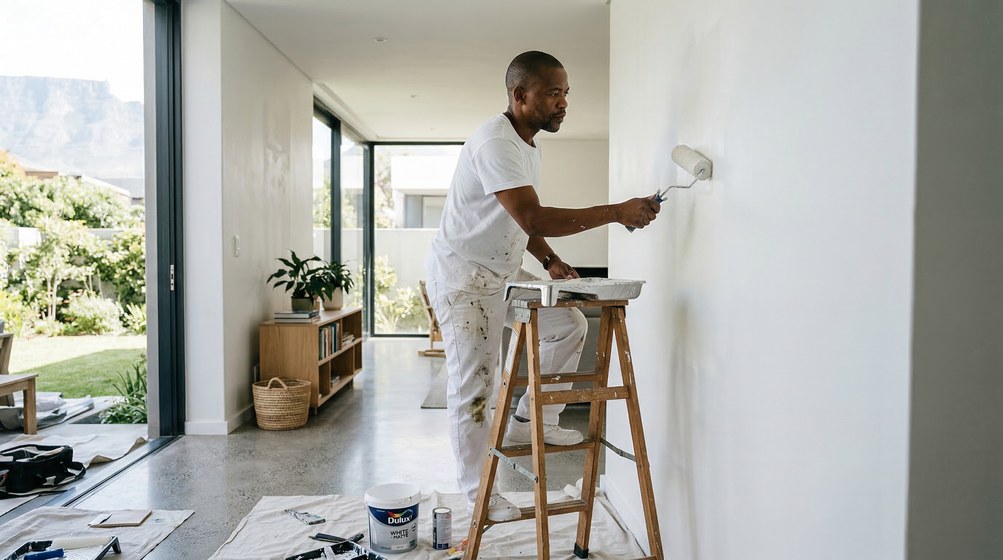Professional interior painter in Langebaan painting walls with a roller