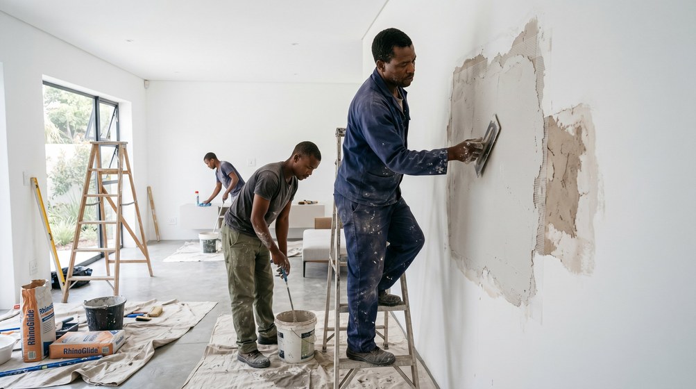 Professional plaster repair team skim coating damaged walls in Langebaan