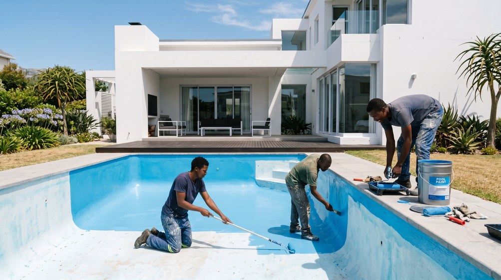 Professional pool painters applying blue pool paint to a swimming pool in Langebaan