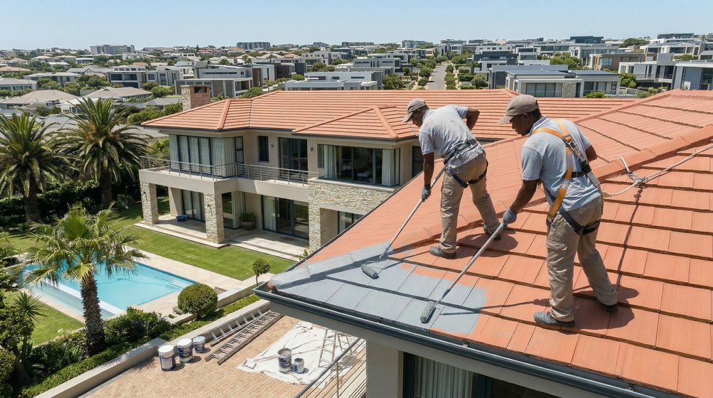 Professional roof painters applying waterproof coating to tiled roof in Langebaan