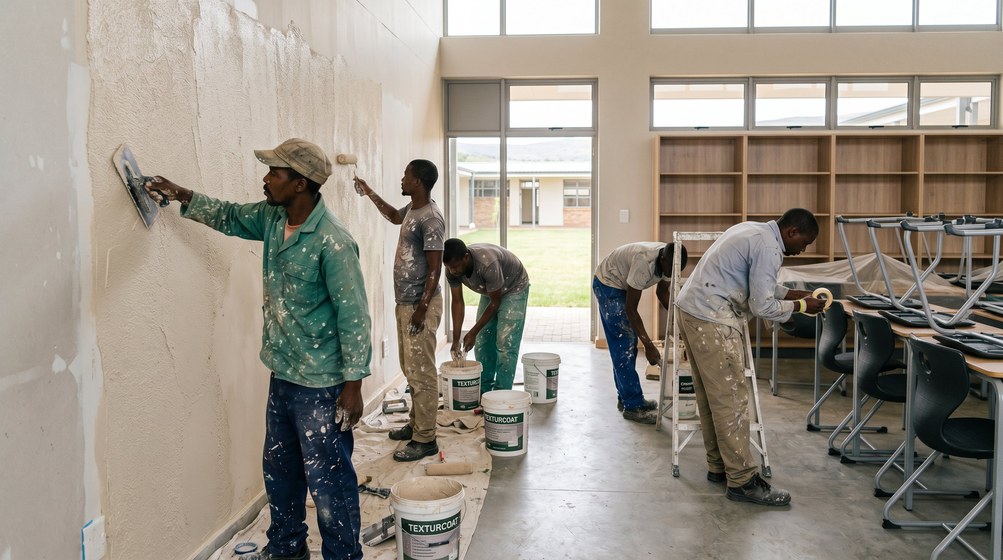 Professional texture coating team applying Texturcoat to interior walls in Langebaan