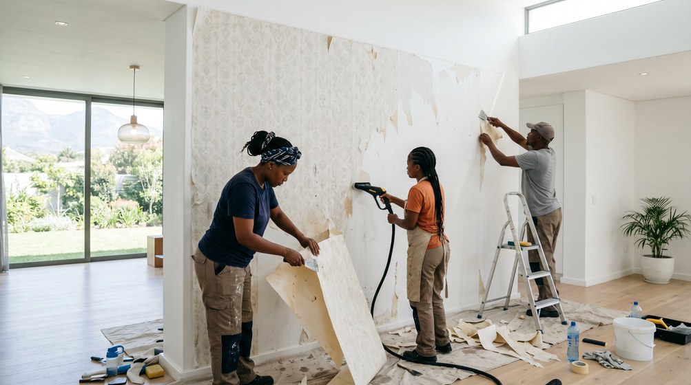 Professional wallpaper removal team stripping old wallpaper in a Langebaan home