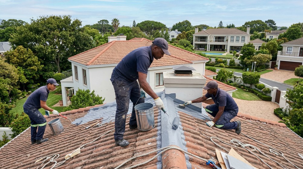 Professional waterproofing team applying membrane to roof in Langebaan