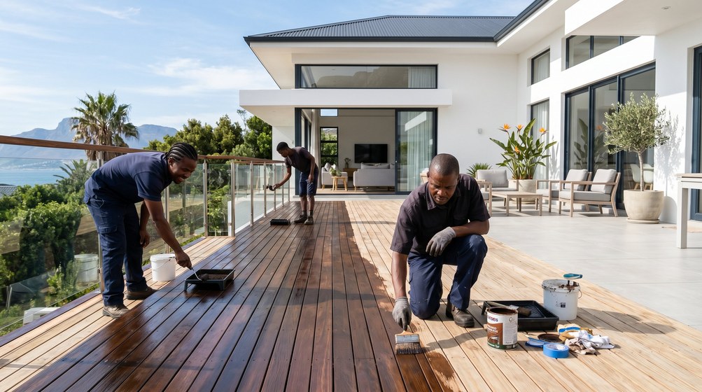 Professional wood staining team applying deck stain overlooking the ocean in Langebaan